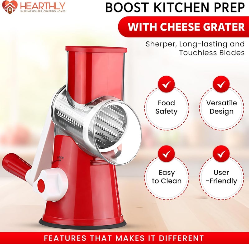 HEARTHLY Cheese Grater for shredding Cheese | Cheese Grater Hand Crank with 3 Interchangeable Blades | Food Grater for Fruits, Vegetables & Nuts | Essential Kitchen Gadget - Image 5